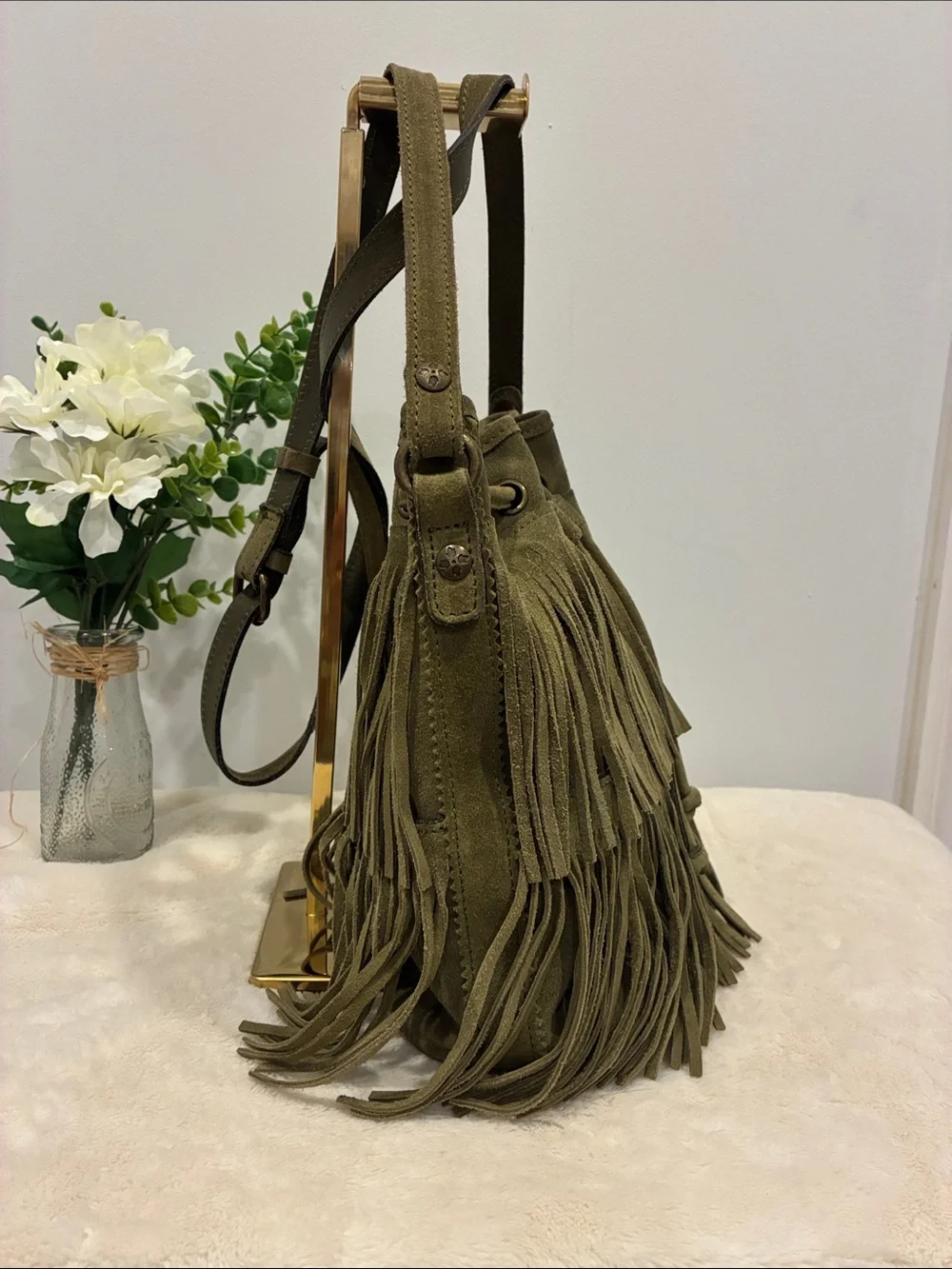 Patricia Nash Olive Green Italian Suede Leather Fringe Hobo Boho Western Bag